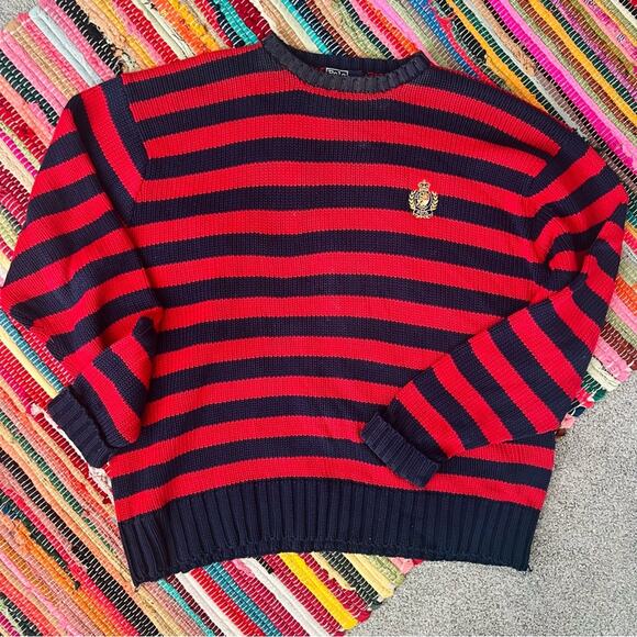 Vintage 1990s Polo by Ralph Lauren Stripe Crewneck Chunky Sweater Large - Picture 1 of 7